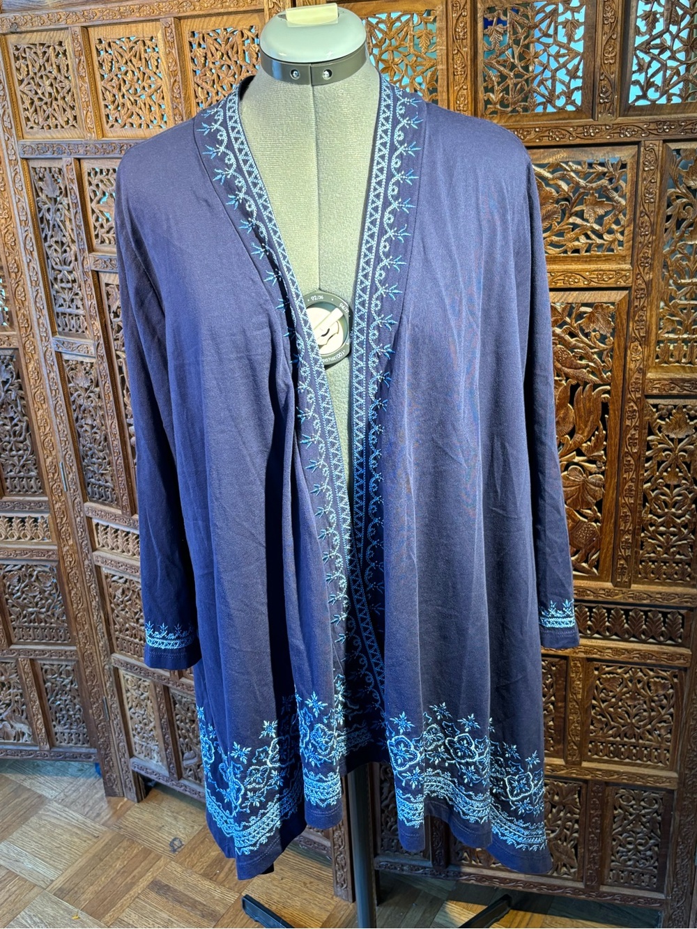 Coldwater Creek Mefium Blue Embroidered Open-Front Cardigan